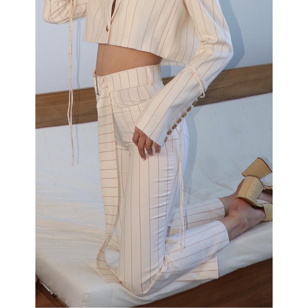Orseund Iris | $875 Flare Crop Belted Pinstripe Wool Pants In Cream/Red, Size 6 — image 5 of 8